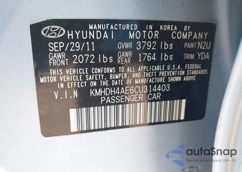 2012 Hyundai Elantra Limited (Ulsan Plant) z USA, uszkodzony, nr VIN KMHDH4AE6CU314403